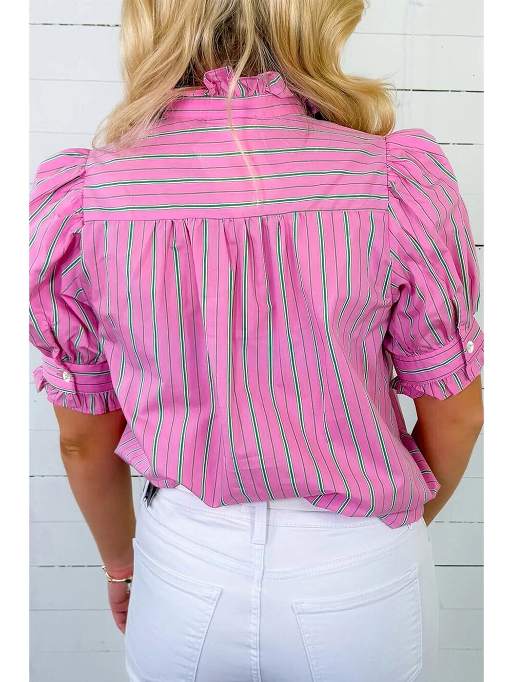 Pink Striped Ruffle Collar Button-Up Blouse - Picture 6 of 6